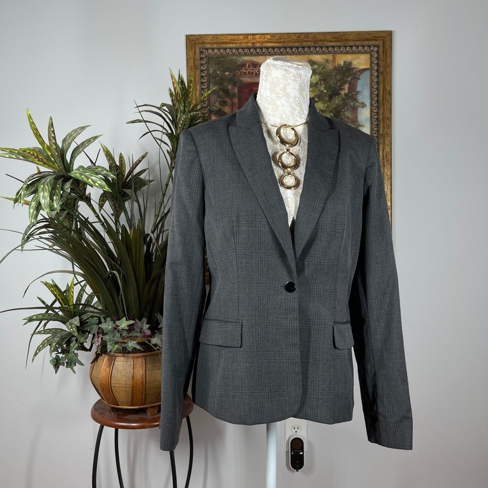 Calvin Klein Blazer Women 8 Gray Plaid Single Button Professional Career Jacket